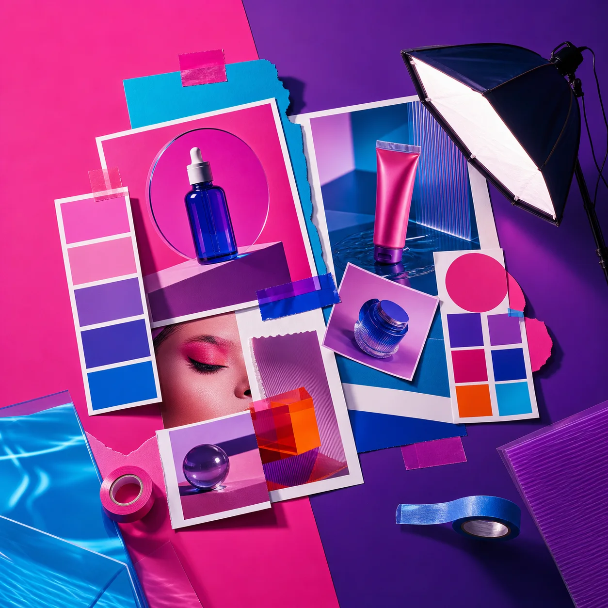 Kampanya kreatiflerini anlatan renkli moodboard, ürün çekimleri ve ışık seti