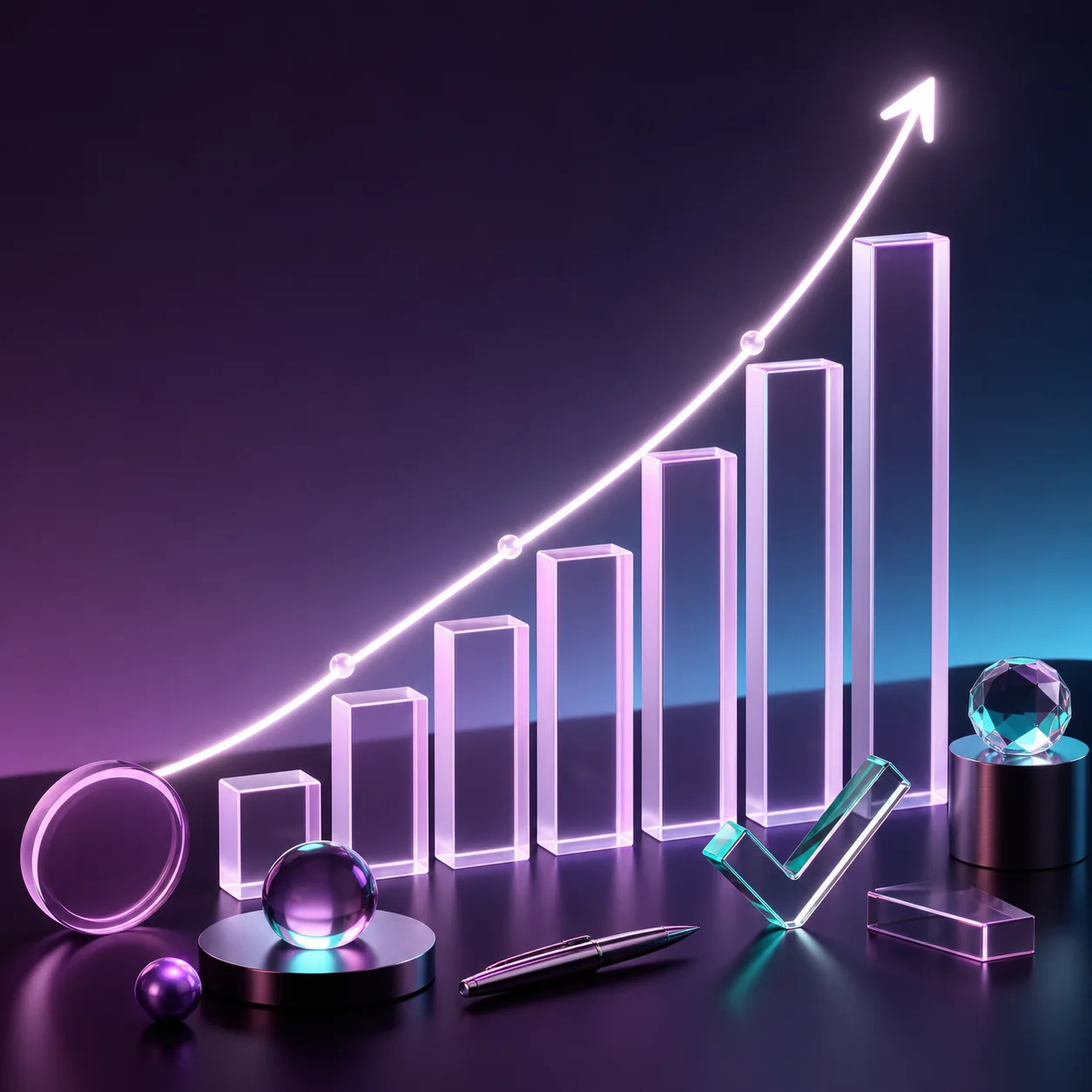 Müşteri sonuçlarını anlatan yükselen ışıklı grafik, akrilik sütunlar ve büyüme çizgisi