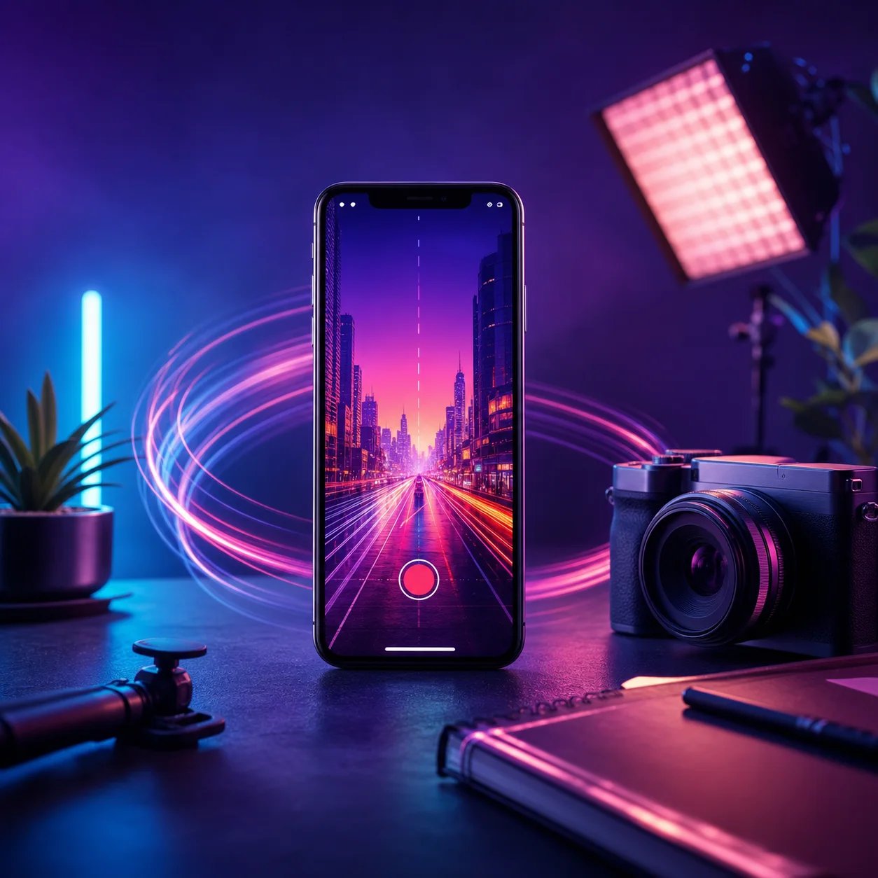 Reels ve kısa video üretimini anlatan telefon, kamera ve stüdyo ışığı