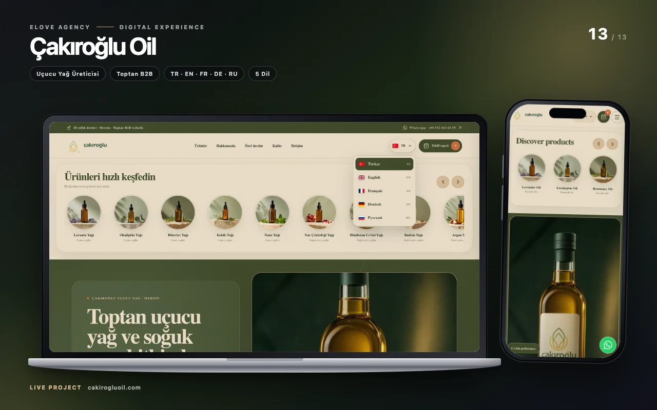 Jezički meni sajta Cakıroglu Oil je otvoren; Turski MacBook i engleski iPhone pogled; Opcije jezika TR, EN, FR, DE i RU