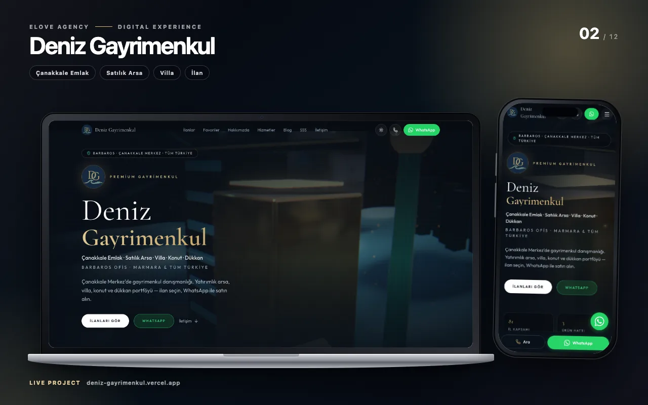 MacBook i iPhone prikaz veb stranice Deniz Gairimenkul; Canakkale nekretnine, zemljište za prodaju, vile i oznake oglasa