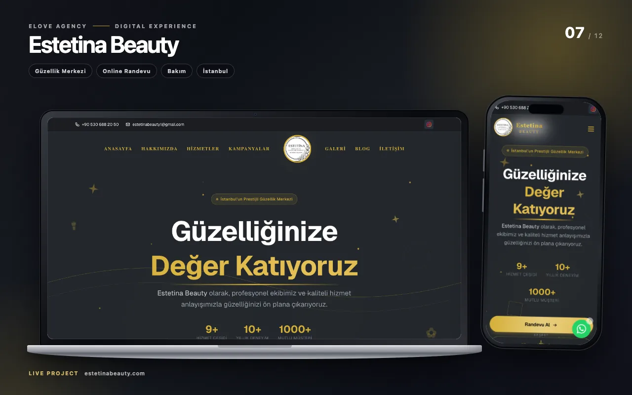 MacBook i iPhone pogled na sajt Estetina Beauti; Beauti Center, Online Appointment, Care i Istanbul oznake