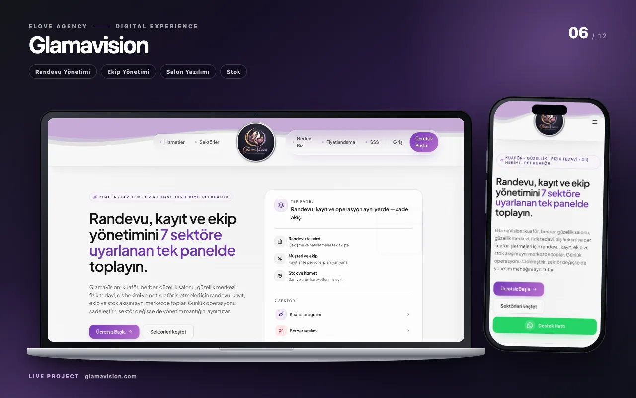 MacBook i iPhone prikaz Glamavision SaaS sajta; Upravljanje sastancima, upravljanje timom, softver za salone i etikete