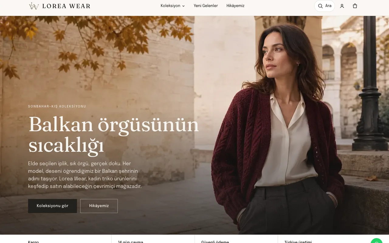 Vista para MacBook y iPhone del sitio de comercio electrónico Loreawear; Etiquetas Balkan Knitwear, Colección, Novedades y Pago Seguro