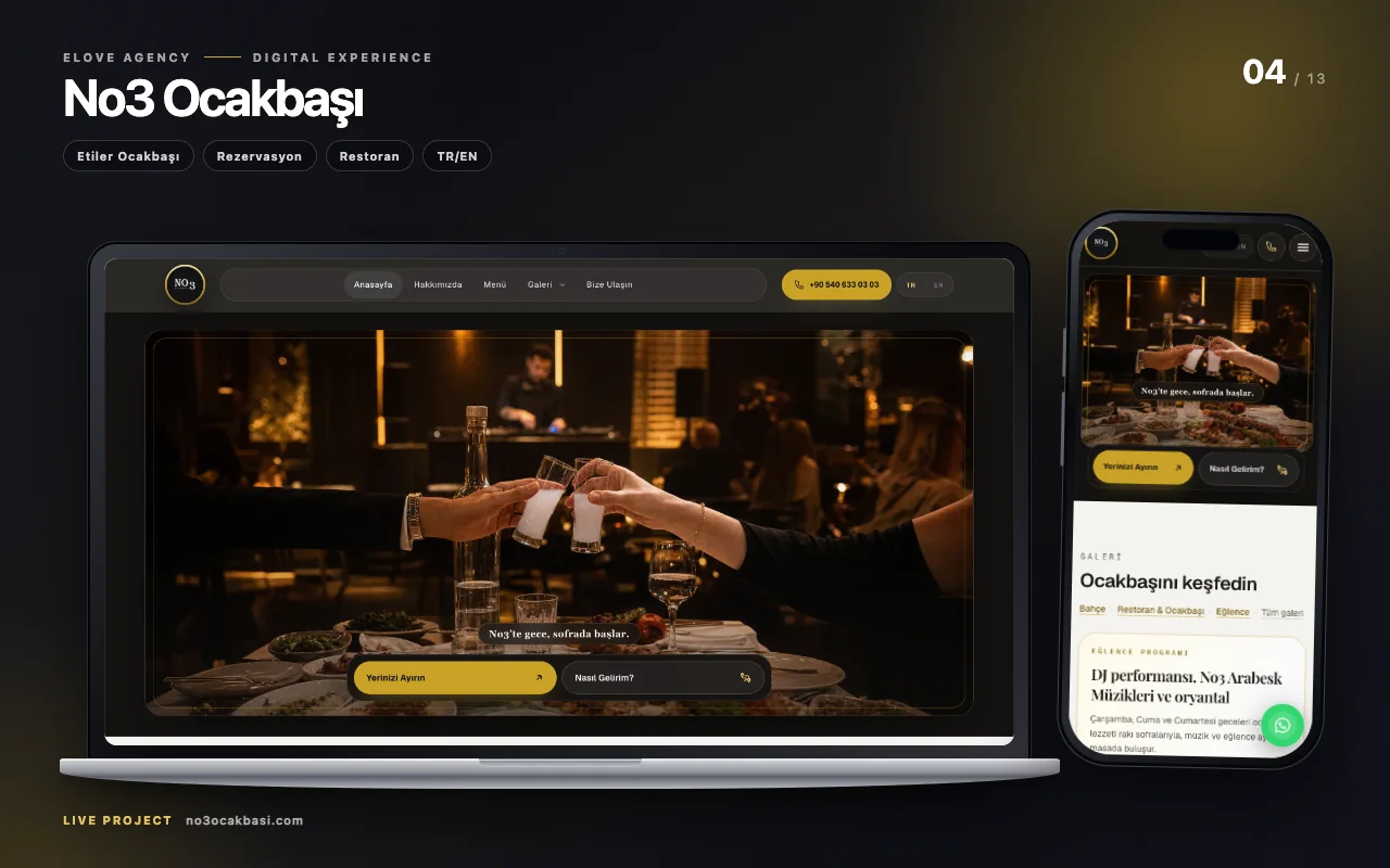 MacBook i iPhone pogled na No3 Ocakbası sajt; Etiler Ocakbası, Rezervacija, restoran i etikete TR/EN