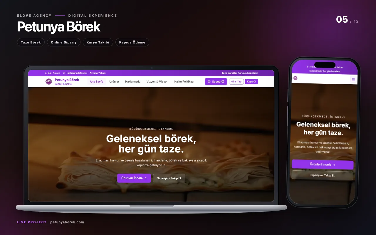 MacBook i iPhone pogled na lokaciju Petunia Borek; Sveže pecivo, onlajn porudžbine, praćenje kurira i nalepnice za isporuku gotovinom